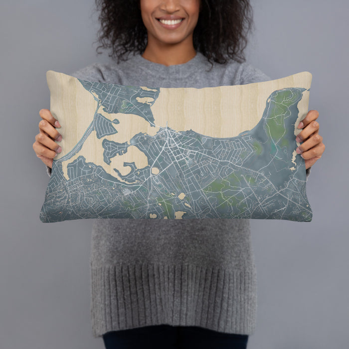 Person holding 20x12 Custom Sag Harbor New York Map Throw Pillow in Afternoon