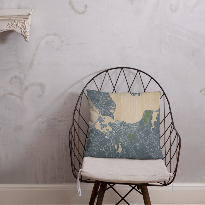 Custom Sag Harbor New York Map Throw Pillow in Afternoon on Cream Colored Couch