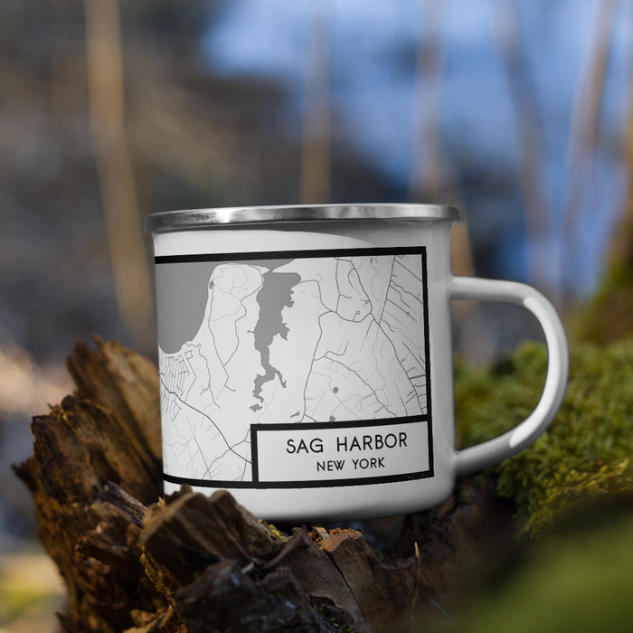 Right View Custom Sag Harbor New York Map Enamel Mug in Classic on Grass With Trees in Background