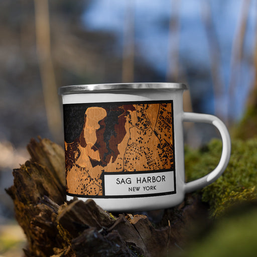 Right View Custom Sag Harbor New York Map Enamel Mug in Ember on Grass With Trees in Background