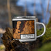 Right View Custom Sag Harbor New York Map Enamel Mug in Ember on Grass With Trees in Background