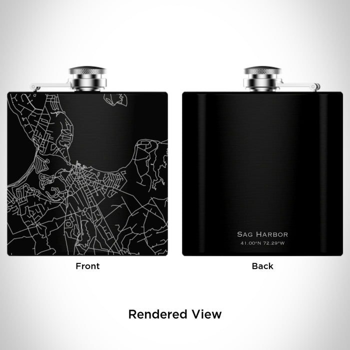 Rendered View of Sag Harbor New York Map Engraving on 6oz Stainless Steel Flask in Black
