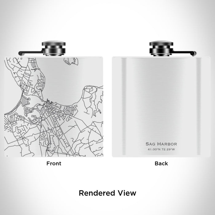 Rendered View of Sag Harbor New York Map Engraving on 6oz Stainless Steel Flask in White