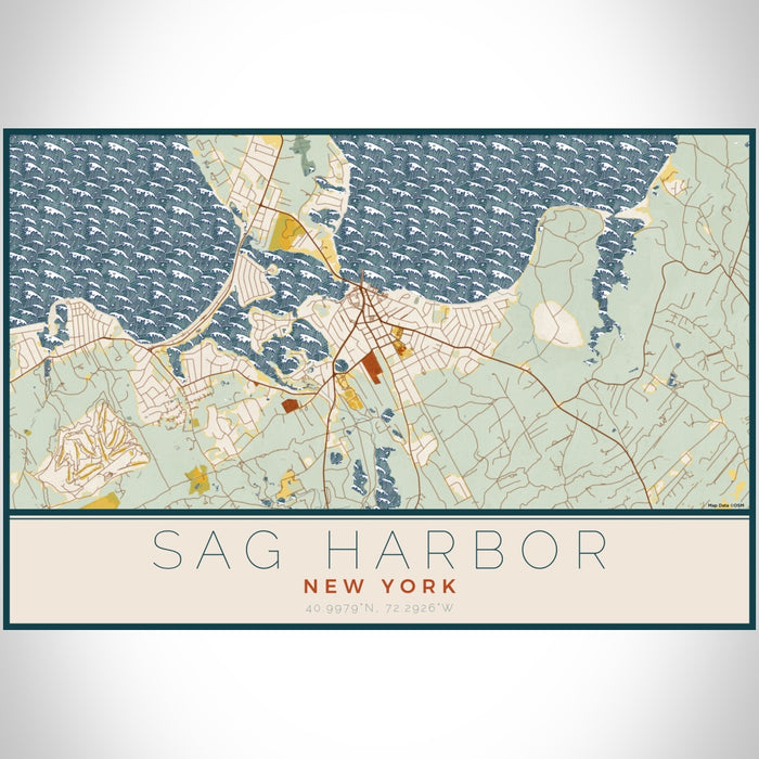 Sag Harbor New York Map Print Landscape Orientation in Woodblock Style With Shaded Background