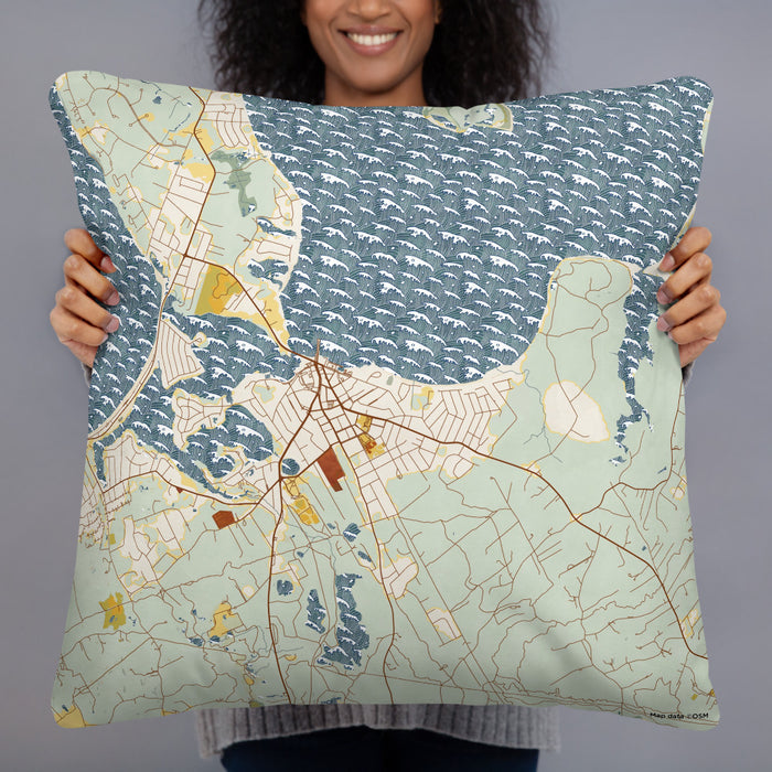 Person holding 22x22 Custom Sag Harbor New York Map Throw Pillow in Woodblock