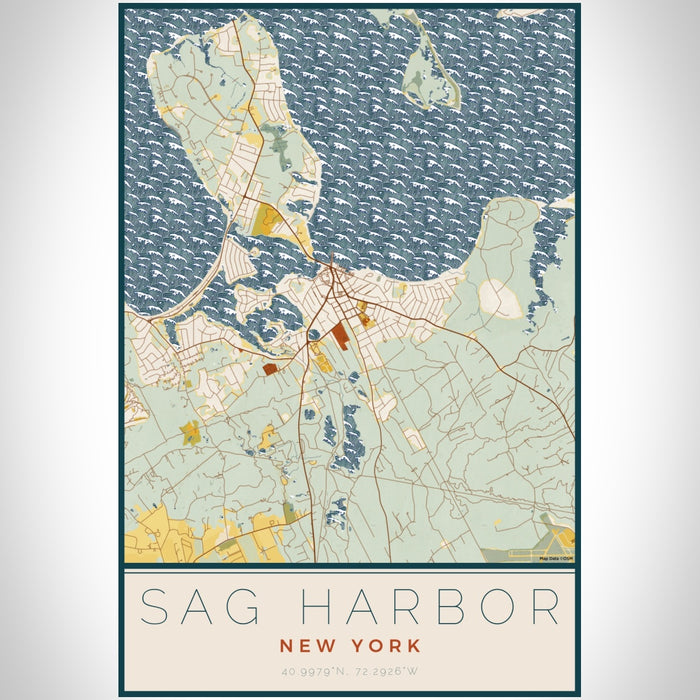 Sag Harbor New York Map Print Portrait Orientation in Woodblock Style With Shaded Background