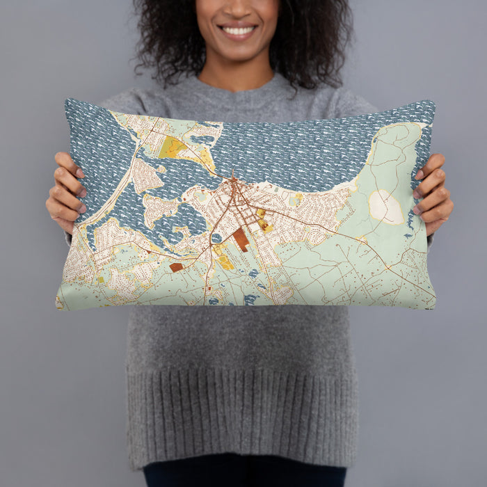 Person holding 20x12 Custom Sag Harbor New York Map Throw Pillow in Woodblock