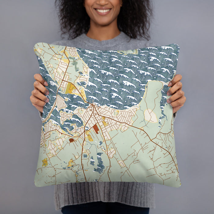 Person holding 18x18 Custom Sag Harbor New York Map Throw Pillow in Woodblock