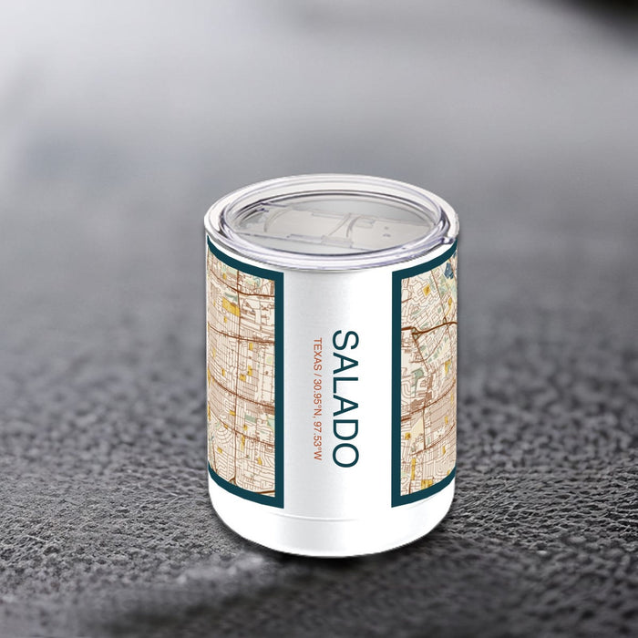 Salado Texas Custom City Map Inscription Coordinates on 10oz Stainless Steel Insulated Cup in Woodblock with Sliding Lid