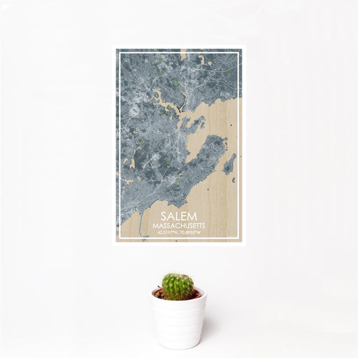 12x18 Salem Massachusetts Map Print Portrait Orientation in Afternoon Style With Small Cactus Plant in White Planter