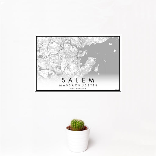 12x18 Salem Massachusetts Map Print Landscape Orientation in Classic Style With Small Cactus Plant in White Planter