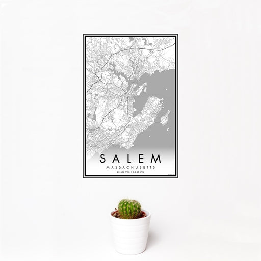 12x18 Salem Massachusetts Map Print Portrait Orientation in Classic Style With Small Cactus Plant in White Planter
