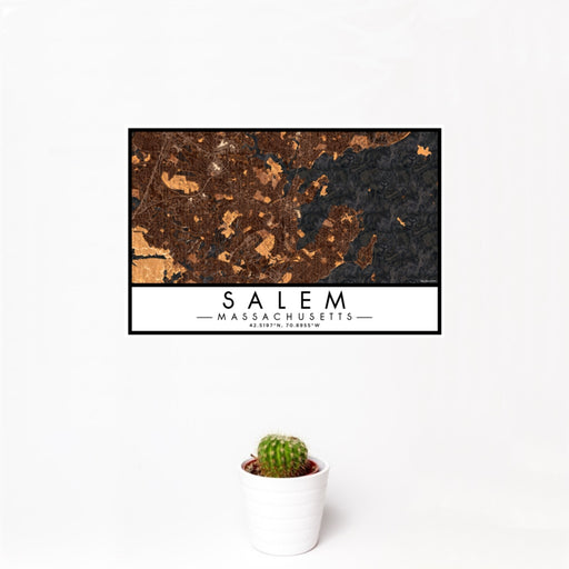 12x18 Salem Massachusetts Map Print Landscape Orientation in Ember Style With Small Cactus Plant in White Planter