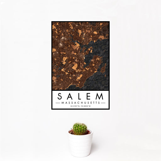 12x18 Salem Massachusetts Map Print Portrait Orientation in Ember Style With Small Cactus Plant in White Planter