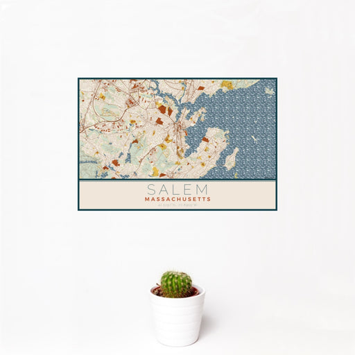 12x18 Salem Massachusetts Map Print Landscape Orientation in Woodblock Style With Small Cactus Plant in White Planter