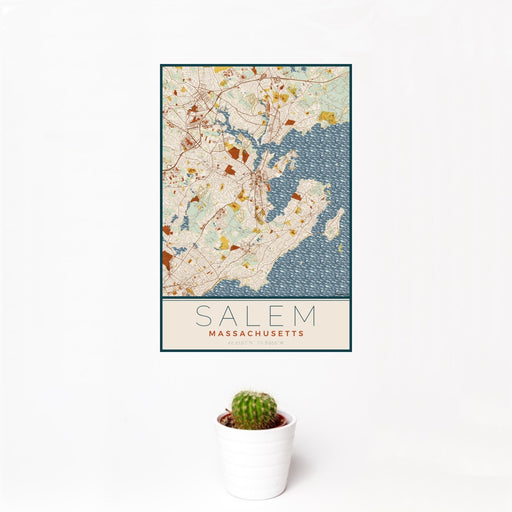 12x18 Salem Massachusetts Map Print Portrait Orientation in Woodblock Style With Small Cactus Plant in White Planter