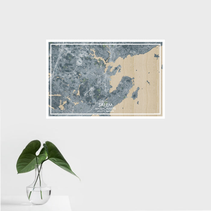 16x24 Salem Massachusetts Map Print Landscape Orientation in Afternoon Style With Tropical Plant Leaves in Water