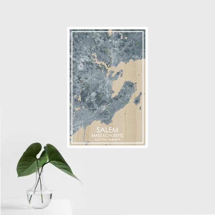 16x24 Salem Massachusetts Map Print Portrait Orientation in Afternoon Style With Tropical Plant Leaves in Water