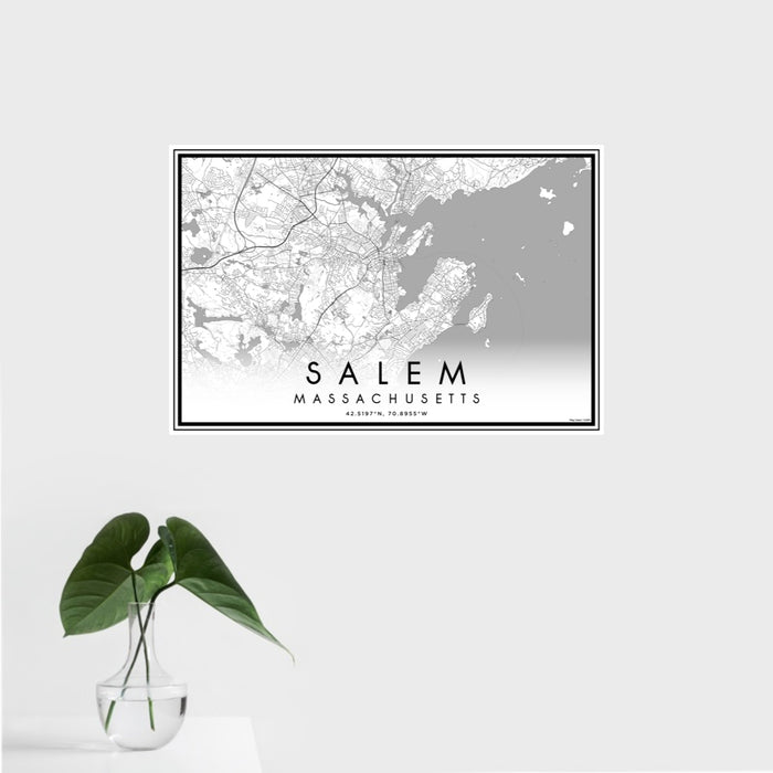 16x24 Salem Massachusetts Map Print Landscape Orientation in Classic Style With Tropical Plant Leaves in Water