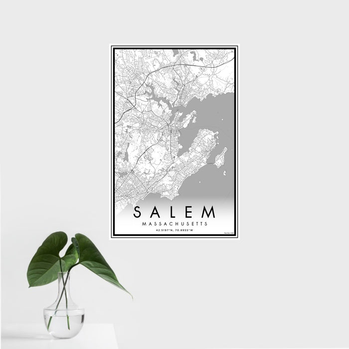 16x24 Salem Massachusetts Map Print Portrait Orientation in Classic Style With Tropical Plant Leaves in Water