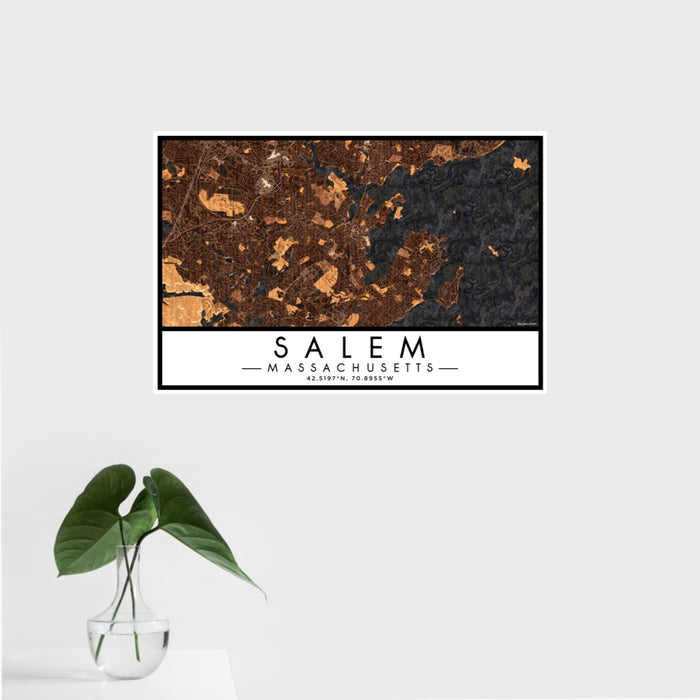 16x24 Salem Massachusetts Map Print Landscape Orientation in Ember Style With Tropical Plant Leaves in Water