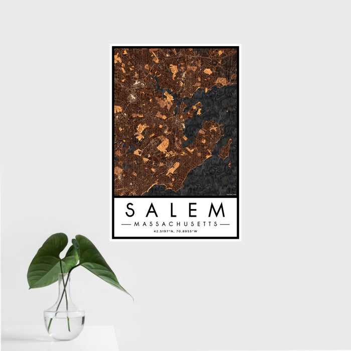 16x24 Salem Massachusetts Map Print Portrait Orientation in Ember Style With Tropical Plant Leaves in Water