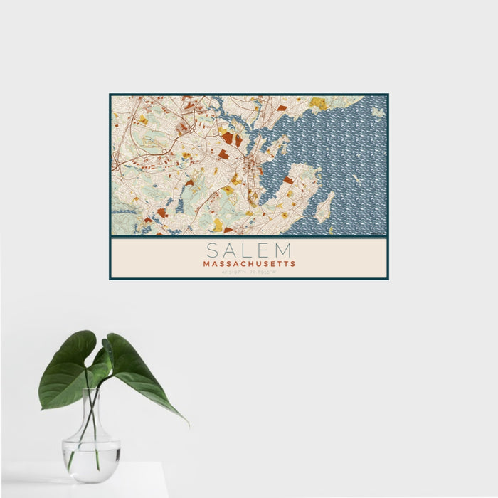 16x24 Salem Massachusetts Map Print Landscape Orientation in Woodblock Style With Tropical Plant Leaves in Water
