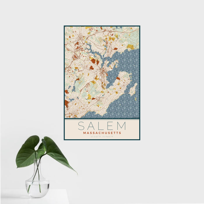 16x24 Salem Massachusetts Map Print Portrait Orientation in Woodblock Style With Tropical Plant Leaves in Water