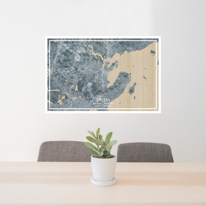 24x36 Salem Massachusetts Map Print Lanscape Orientation in Afternoon Style Behind 2 Chairs Table and Potted Plant