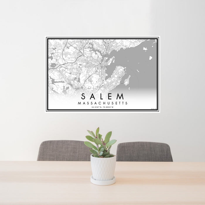 24x36 Salem Massachusetts Map Print Lanscape Orientation in Classic Style Behind 2 Chairs Table and Potted Plant