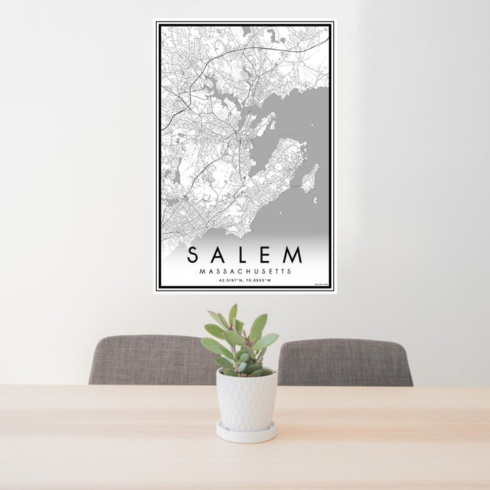 24x36 Salem Massachusetts Map Print Portrait Orientation in Classic Style Behind 2 Chairs Table and Potted Plant