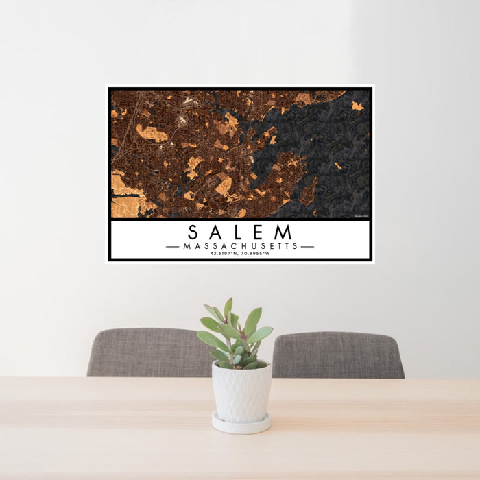 24x36 Salem Massachusetts Map Print Lanscape Orientation in Ember Style Behind 2 Chairs Table and Potted Plant