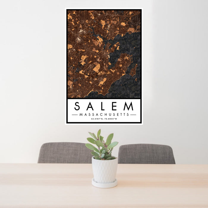 24x36 Salem Massachusetts Map Print Portrait Orientation in Ember Style Behind 2 Chairs Table and Potted Plant