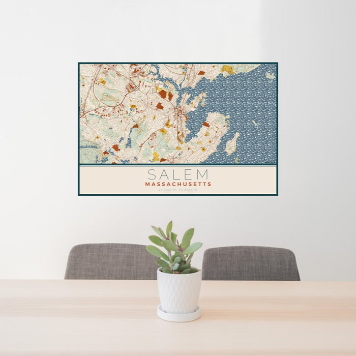 24x36 Salem Massachusetts Map Print Lanscape Orientation in Woodblock Style Behind 2 Chairs Table and Potted Plant