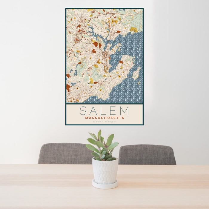 24x36 Salem Massachusetts Map Print Portrait Orientation in Woodblock Style Behind 2 Chairs Table and Potted Plant