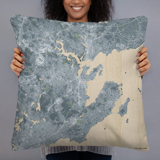 Person holding 22x22 Custom Salem Massachusetts Map Throw Pillow in Afternoon