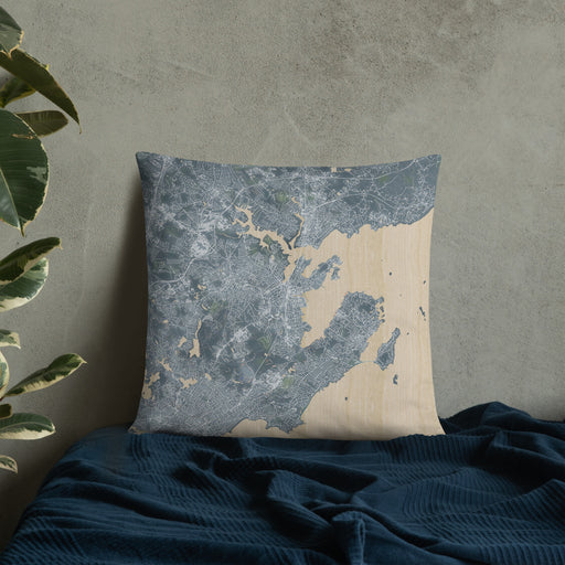 Custom Salem Massachusetts Map Throw Pillow in Afternoon on Bedding Against Wall