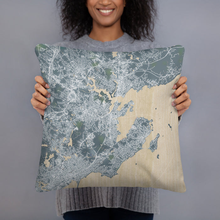 Person holding 18x18 Custom Salem Massachusetts Map Throw Pillow in Afternoon