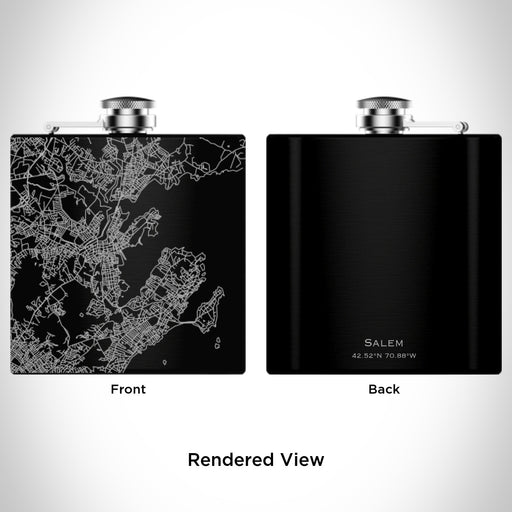 Rendered View of Salem Massachusetts Map Engraving on 6oz Stainless Steel Flask in Black