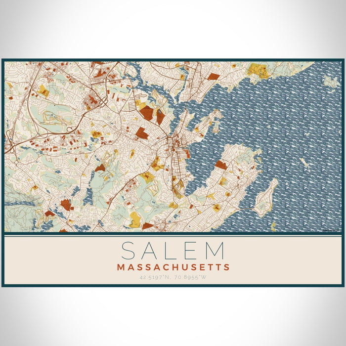 Salem Massachusetts Map Print Landscape Orientation in Woodblock Style With Shaded Background