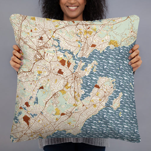Person holding 22x22 Custom Salem Massachusetts Map Throw Pillow in Woodblock