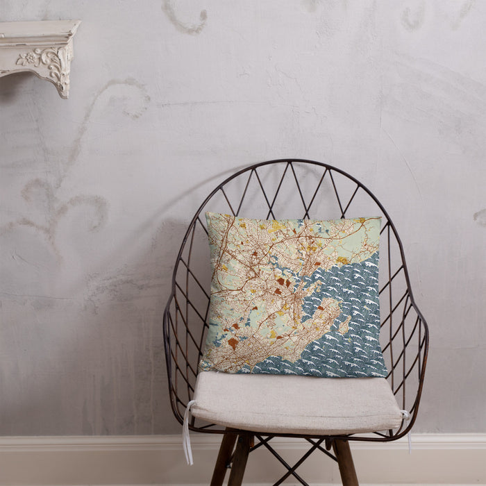 Custom Salem Massachusetts Map Throw Pillow in Woodblock on Cream Colored Couch
