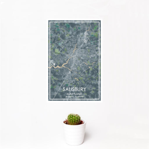 12x18 Salisbury Maryland Map Print Portrait Orientation in Afternoon Style With Small Cactus Plant in White Planter