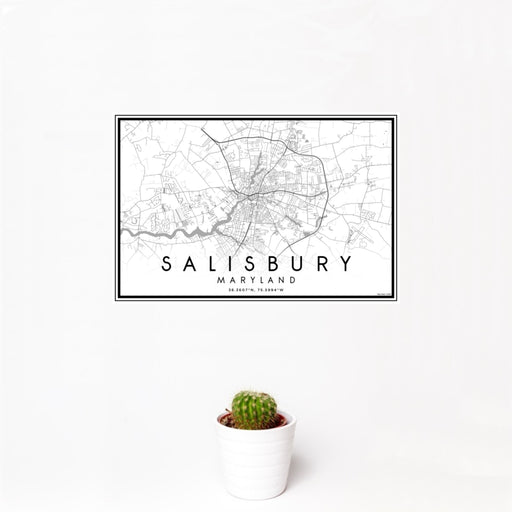 12x18 Salisbury Maryland Map Print Landscape Orientation in Classic Style With Small Cactus Plant in White Planter