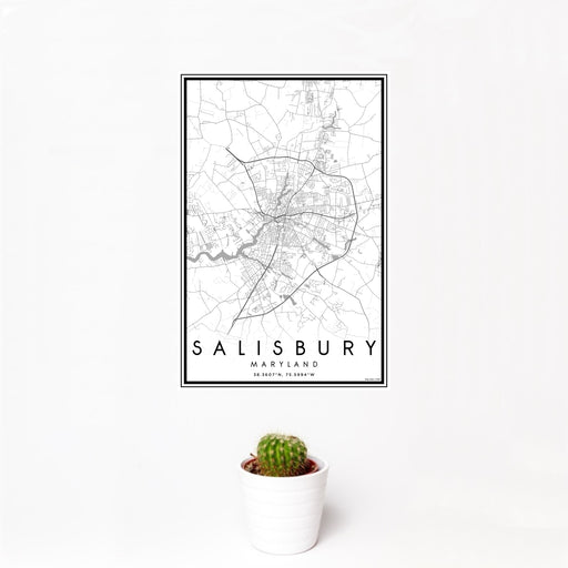 12x18 Salisbury Maryland Map Print Portrait Orientation in Classic Style With Small Cactus Plant in White Planter