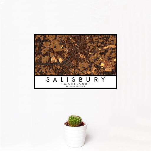 12x18 Salisbury Maryland Map Print Landscape Orientation in Ember Style With Small Cactus Plant in White Planter