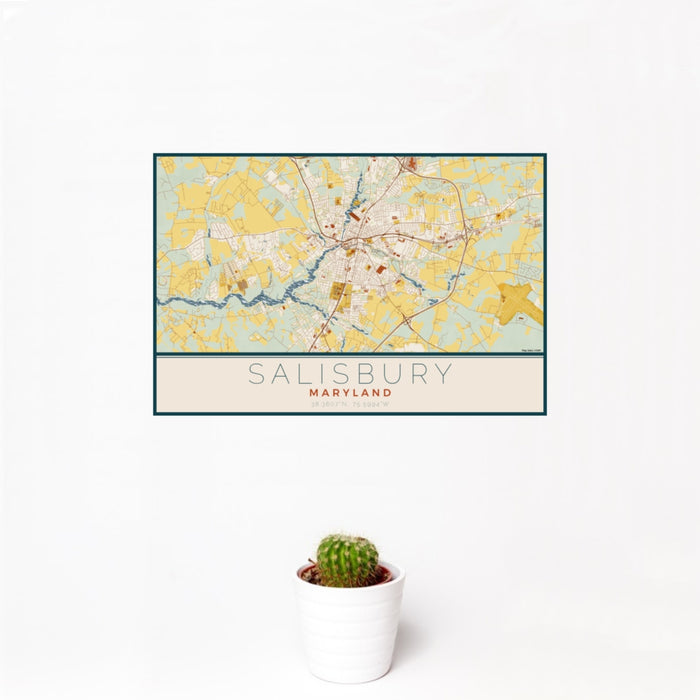 12x18 Salisbury Maryland Map Print Landscape Orientation in Woodblock Style With Small Cactus Plant in White Planter