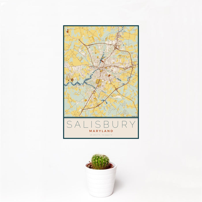 12x18 Salisbury Maryland Map Print Portrait Orientation in Woodblock Style With Small Cactus Plant in White Planter