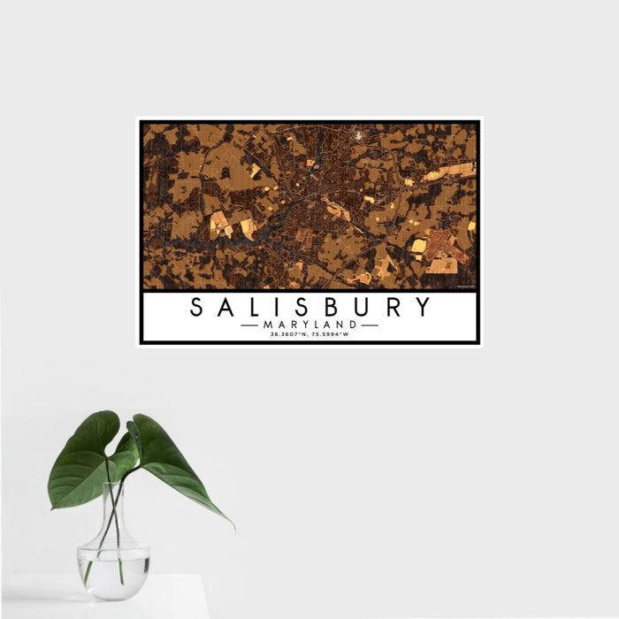 16x24 Salisbury Maryland Map Print Landscape Orientation in Ember Style With Tropical Plant Leaves in Water