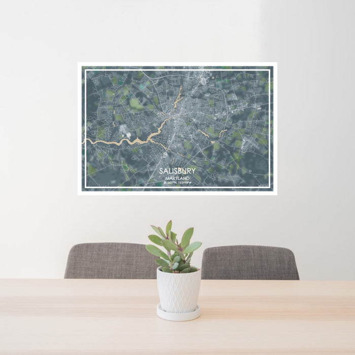 24x36 Salisbury Maryland Map Print Lanscape Orientation in Afternoon Style Behind 2 Chairs Table and Potted Plant